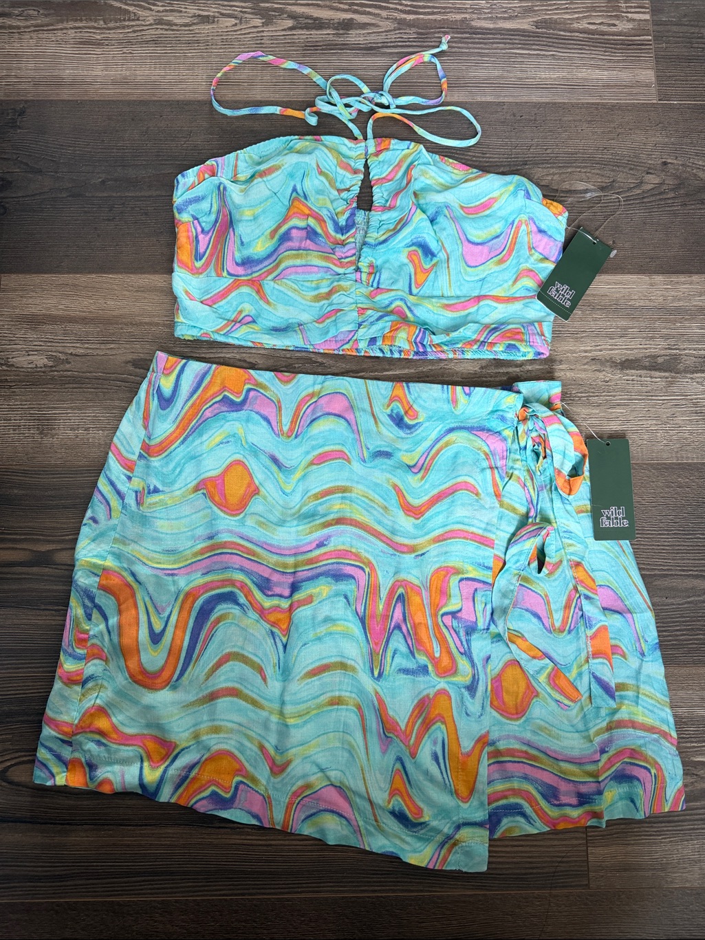 Wild Fable Multicolor Swirl Bandeau Top & Skirt Set - Turquoise, Orange, Pink